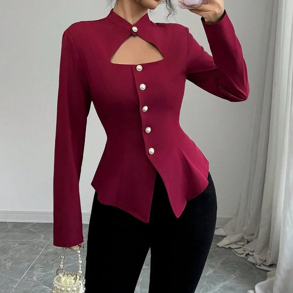 Burgundy Elegant Women's Chic Hollow Out Front Stand Collar Asymmetrical Blouse - Picture 1 of 6